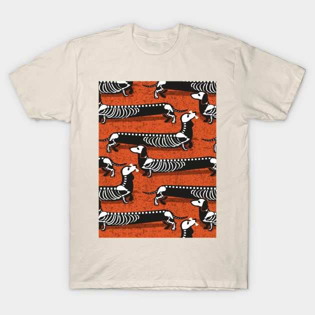 Spooktacular long dachshunds skeleton // pattern // orange background skeleton dogs T-Shirt by SelmaCardoso